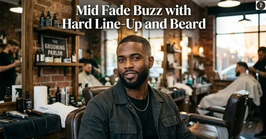 Mid Fade Buzz with Hard Line-Up and Beard