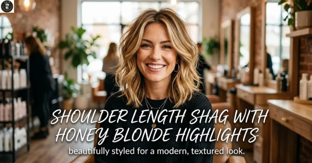 shoulder-length-shag-with-honey-blonde-highlights Shoulder Length Shag with Honey Blonde Highlights